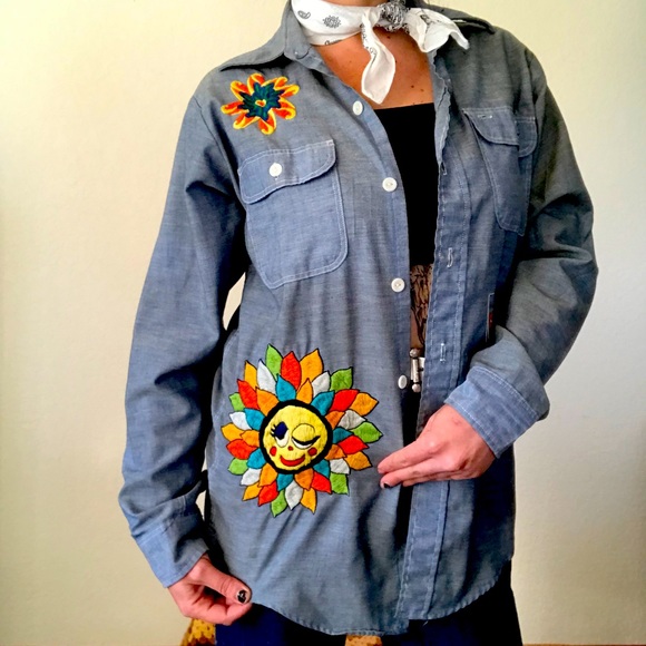 Tops - 60s vintage hand embroidered denim shirt